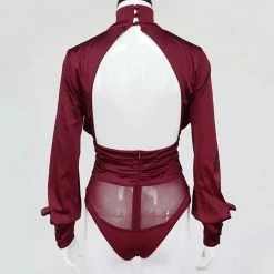 Jessica Bara Faye Long Sleeve Satin Backless Bodysuit Tops