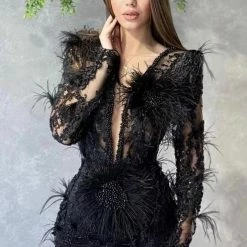 Influencer Style Jessica Bara Agnetha Long Sleeve Feather Beaded Dress