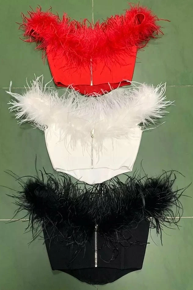 Jessica Bara Kiley Off The Shoulder Feather Corset Top Influencer Style