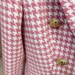 Jessica Bara Donatella Pink Houndstooth Gold Button Blazer