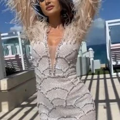 Jessica Bara Delilah Long Sleeve Feather Beaded Party Dress