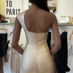 Jessica Bara Fletcher One Shoulder Bandage Metallic Mini Dress Birthday Suit