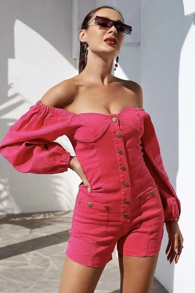 The Denim Destination Jessica Bara Barbie Off The Shoulder Denim Romper