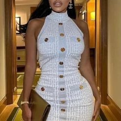 Influencer Style Jessica Bara Robyn Sleeveless Gold Button Mini Dress