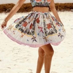 Jessica Bara Brighton Printed Crop Top And Pleated Skirt Two Piece Set Influencer Style