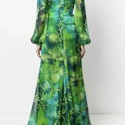 Jessica Bara Galilea Long Sleeve Tropical Print Maxi Dress