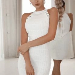 Jessica Bara Landon High Neck Button Midi Dress Reve Doll Essentials