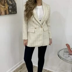 Influencer Style Jessica Bara Amara Tweed Double Breasted Gold Button Blazer Dress