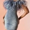 Jessica Bara Asherah Off The Shoulder Feather Denim Mini Dress Birthday Suit
