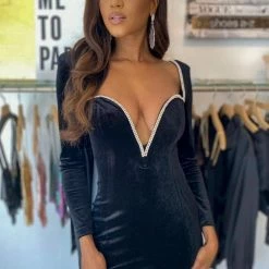 Jessica Bara Miley Long Sleeve Rhinestone Velvet Mini Dress