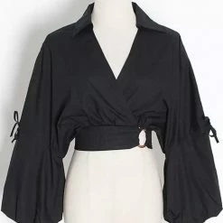 Jessica Bara Nori Long Sleeve V Neck Collared Crop Top