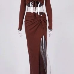 Jessica Bara Clarise Ruched Long Sleeve Crop Top And Skirt Two Piece Set