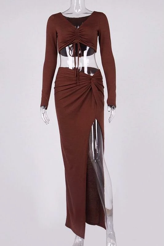 Jessica Bara Clarise Ruched Long Sleeve Crop Top And Skirt Two Piece Set