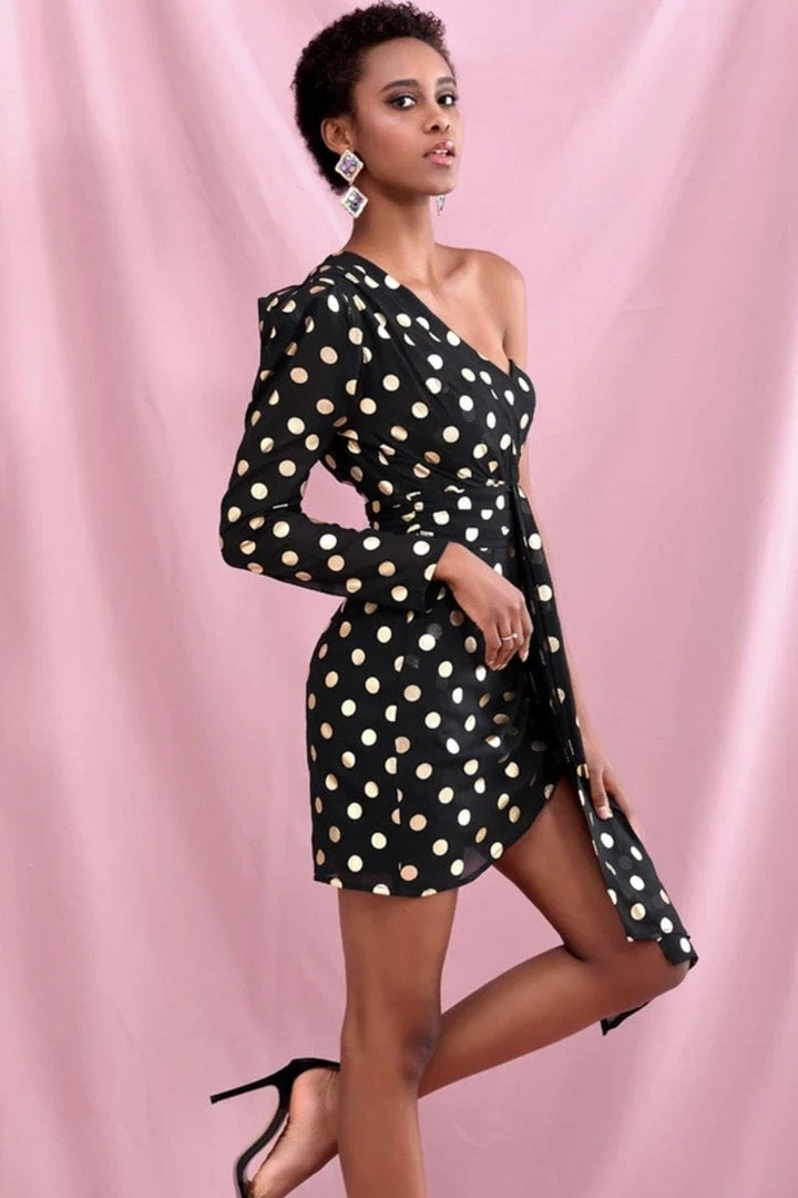 Birthday Suit Jessica Bara Rosalee One Shoulder Polka Dot Mini Dress