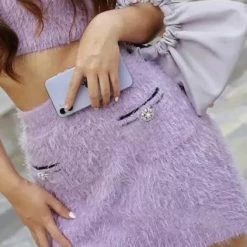 Jessica Bara Hadlee Fuzzy Cropped Cardigan Top And Skirt Three Piece Set