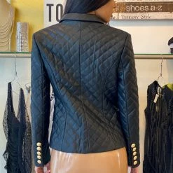 Jessica Bara Lillie Double Breasted Quilted Gold Button Blazer