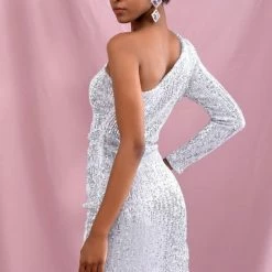 Jessica Bara Melisa One Shoulder Sequin Ruched Midi Dress