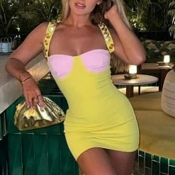 Jessica Bara Kornelia Bodycon Colorblock Gold Button Mini Dress