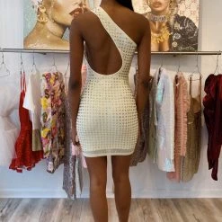 Jessica Bara Adrina One Shoulder Rhinestone Mini Dress Birthday Suit