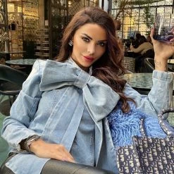Jessica Bara Daniella Oversized Bow Denim Top Influencer Style