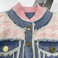 Jessica Bara Darlene Gold Button Pink Patchwork Denim Jacket