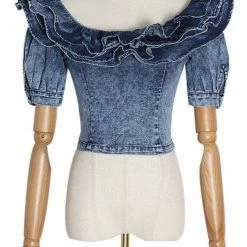 Jessica Bara Giulia Denim Ruffle Crop Top