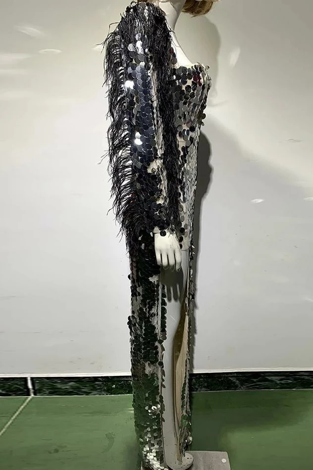 Influencer Style Jessica Bara Azariah Long Feather Sleeve Sequin Gown