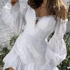Jessica Bara Lannie Off The Shoulder Eyelet Mini Dress