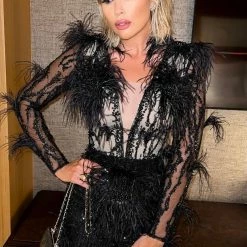 Influencer Style Jessica Bara Agnetha Long Sleeve Feather Beaded Dress