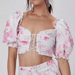 Jessica Bara Dalary Puff Shoulder Lace Up Crop Top Summer Lovin'
