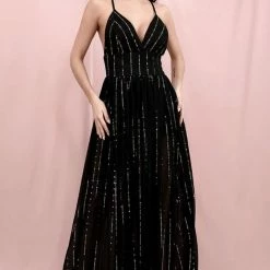 Jessica Bara Candance V Neck Glitter Maxi Dress