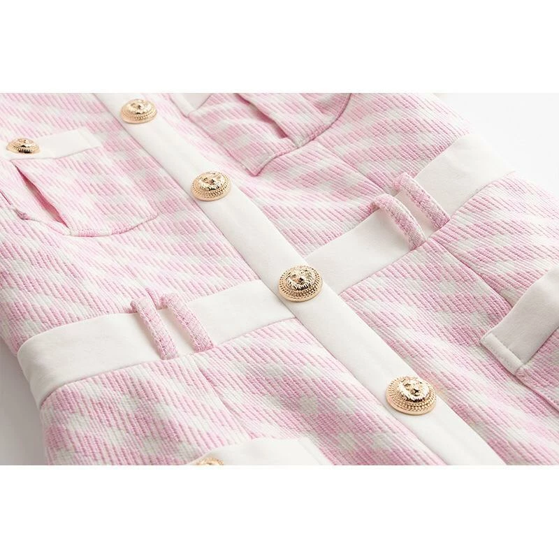 Jessica Bara Hermione Pink Plaid Gold Button Mini Dress The 9-5 Shop