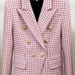 Jessica Bara Donatella Pink Houndstooth Gold Button Blazer