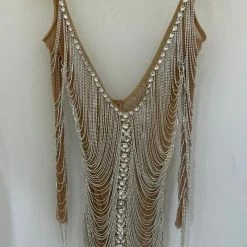 Jessica Bara Amra Rhinestone Chain Long Sleeve Mini Dress Birthday Suit