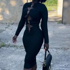 Jessica Bara Kazzie Long Sleeve Cut Out Midi Dress