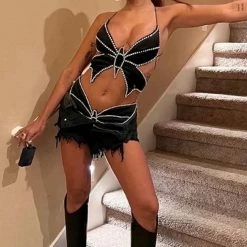 Jessica Bara Arina Butterfly Rhinestone Backless Crop Top