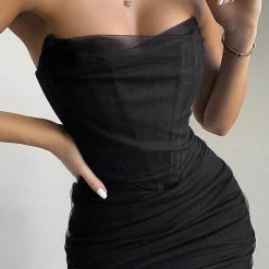 Jessica Bara Sheena Strapless Mesh Ruched Midi Dress