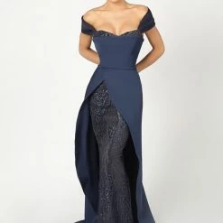 Nicole Bakti Off The Shoulder Bodycon Glitter Gown