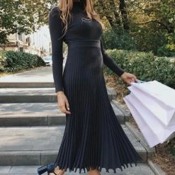 Jessica Bara Maxwell Long Sleeve Pleated Midi Dress