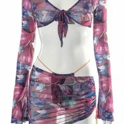 Summer Lovin' Jessica Bara Mindie Mesh Long Sleeve Top And Sarong Two Piece Set