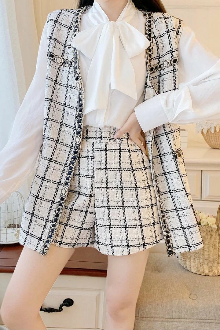 Jessica Bara Brinley Plaid Vest Blouse And Shorts Three Piece Set The 9-5 Shop