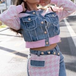 Jessica Bara Darlene Gold Button Pink Patchwork Denim Jacket