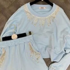 Bottoms Jessica Bara Akia Crystal Fringe Sweatshirt And Shorts Two Piece Set