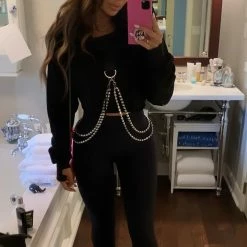 Jessica Bara Jagger Rhinestone Chain Sweatshirt Influencer Style