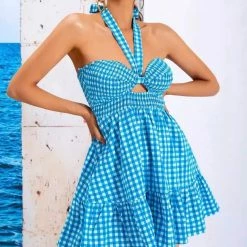Jessica Bara Sailor Halter Neck Gingham Mini Dress Dresses
