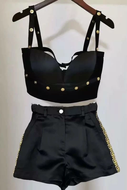 Jessica Bara Brandie Gold Button Crop Top And Short Two Piece Set