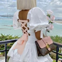 Jessica Bara Julian Lace Up Back Ruffle Mini Dress