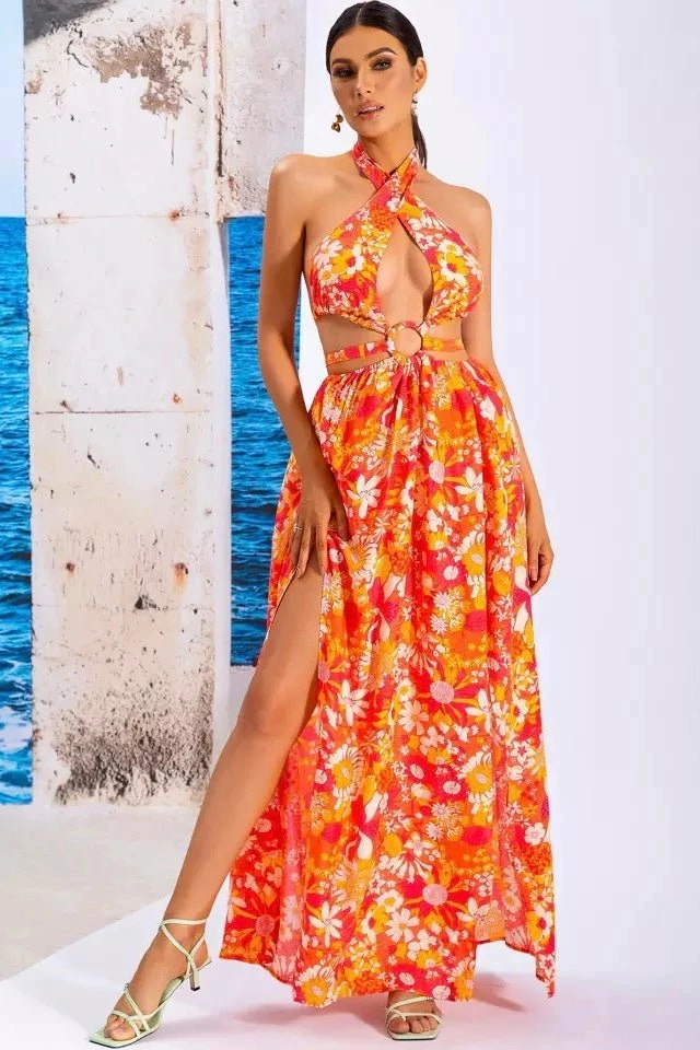 Jessica Bara Klara Floral Halter Cut Out Maxi Dress