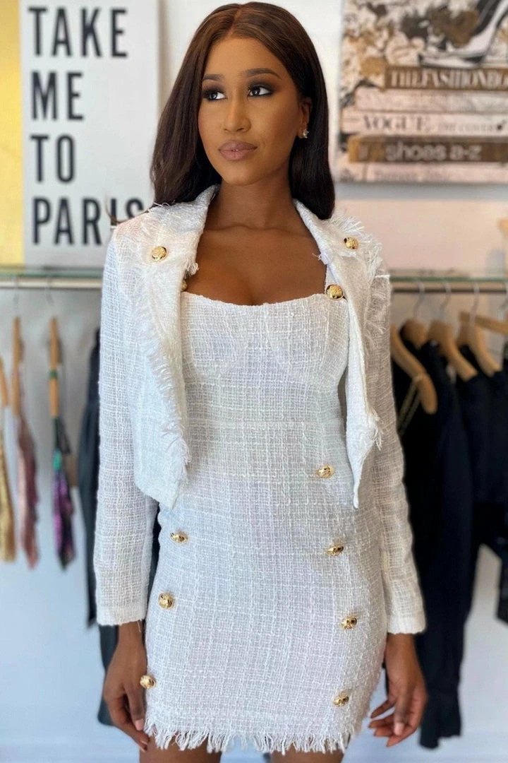 Influencer Style Jessica Bara Finn Tweed Dress And Jacket Two Piece Set