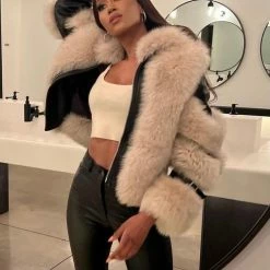 Jessica Bara Hudson Leather & Fur Long Sleeve Jacket Influencer Style